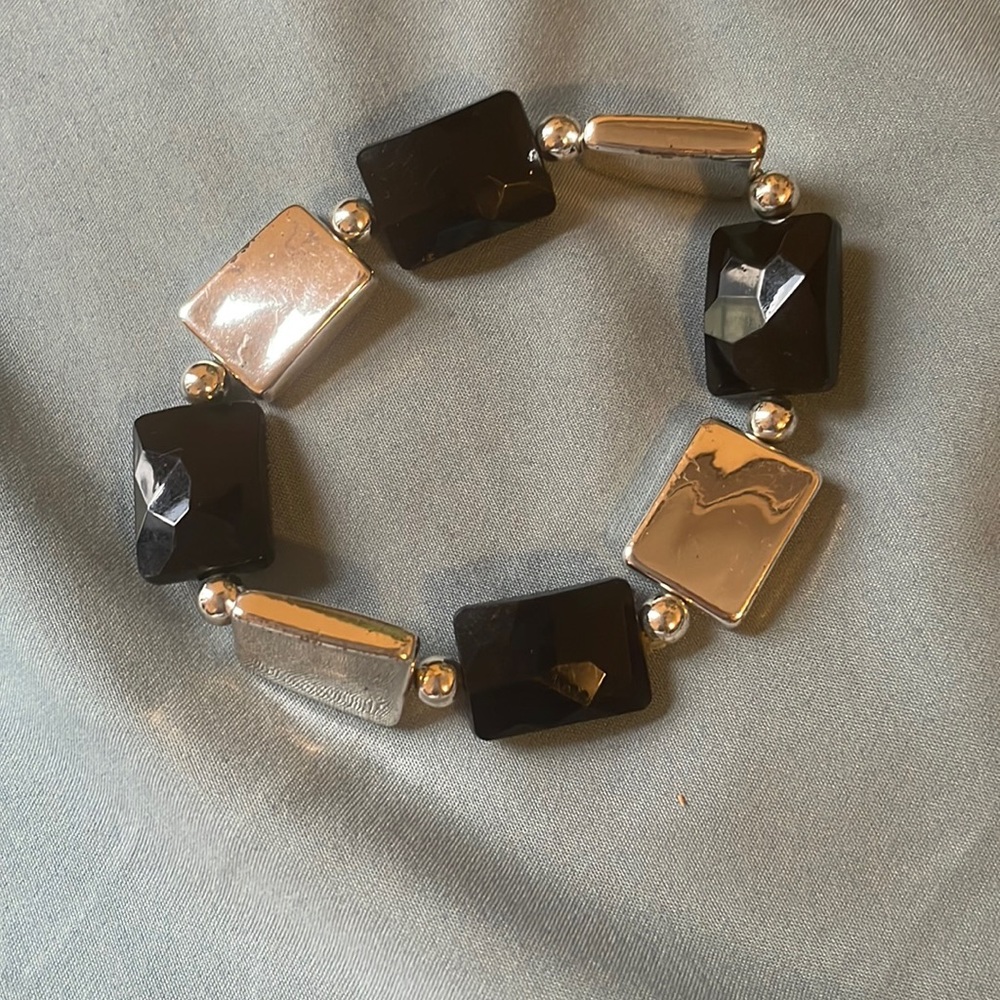 Black and Silver Bangle Bracelet with Square Shaped Detailing and Gemstones